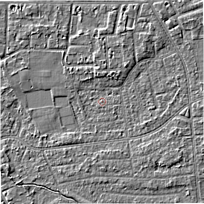 Shaded relief map of the ground around M333GT, computed from Environment Agency LiDAR. The ground here sits at about 27 m above sea level and falls 4 m across the surrounding 800 m. Surface water reaching this point runs off ground lying to the north-north-east, 3.8 m higher.
