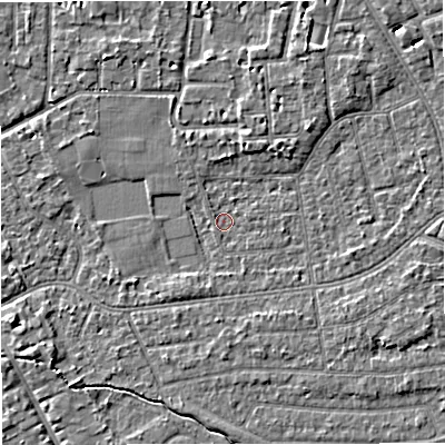 Shaded relief map of the ground around M333GU, computed from Environment Agency LiDAR. The ground here sits at about 26 m above sea level and falls 4 m across the surrounding 800 m. Surface water reaching this point runs off ground lying to the north-north-east, 2.6 m higher.