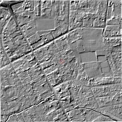 Shaded relief map of the ground around M333GW, computed from Environment Agency LiDAR. The ground here sits at about 26 m above sea level and falls 7 m across the surrounding 800 m. Surface water reaching this point runs off ground lying to the north-north-west, 0.6 m higher.