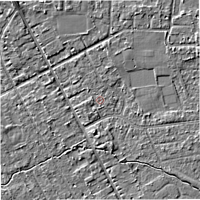 Shaded relief map of the ground around M333GX, computed from Environment Agency LiDAR. The ground here sits at about 26 m above sea level and falls 4 m across the surrounding 800 m. Surface water reaching this point runs off ground lying to the south-west, 1.3 m higher.