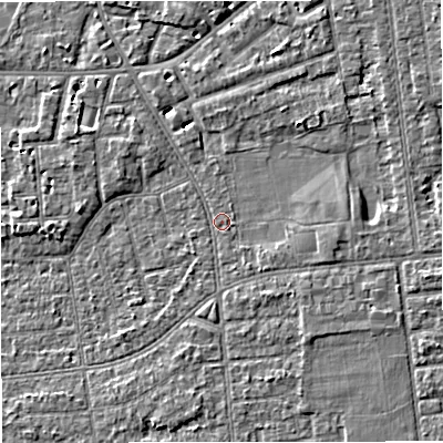 Shaded relief map of the ground around M333JG, computed from Environment Agency LiDAR. The ground here sits at about 28 m above sea level and falls 5 m across the surrounding 800 m. Surface water reaching this point runs off ground lying to the east-south-east, 2.0 m higher.