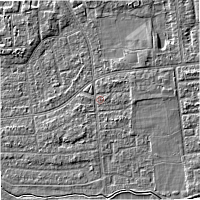Shaded relief map of the ground around M333JJ, computed from Environment Agency LiDAR. The ground here sits at about 28 m above sea level and falls 5 m across the surrounding 800 m. Surface water reaching this point runs off ground lying to the east, 1.3 m higher.