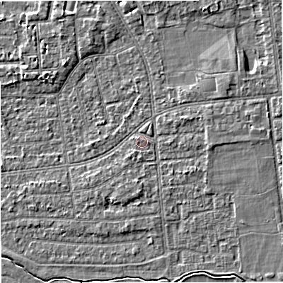 Shaded relief map of the ground around M333JS, computed from Environment Agency LiDAR. The ground here sits at about 28 m above sea level and falls 4 m across the surrounding 800 m. Surface water reaching this point runs off ground lying to the south, 0.6 m higher.