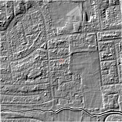 Shaded relief map of the ground around M333JU, computed from Environment Agency LiDAR. The ground here sits at about 28 m above sea level and falls 4 m across the surrounding 800 m. Surface water reaching this point runs off ground lying to the north-east, 1.2 m higher.