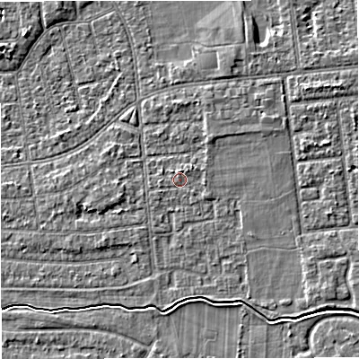 Shaded relief map of the ground around M333JX, computed from Environment Agency LiDAR. The ground here sits at about 28 m above sea level and falls 4 m across the surrounding 800 m. Surface water reaching this point runs off ground lying to the north, 0.7 m higher.