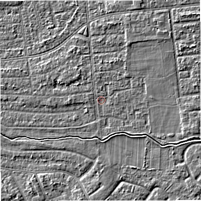 Shaded relief map of the ground around M333JY, computed from Environment Agency LiDAR. The ground here sits at about 27 m above sea level and falls 4 m across the surrounding 800 m. Surface water reaching this point runs off ground lying to the north-north-east, 1.5 m higher.
