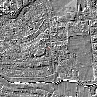 Shaded relief map of the ground around M333JZ, computed from Environment Agency LiDAR. The ground here sits at about 28 m above sea level and falls 4 m across the surrounding 800 m. Surface water reaching this point runs off ground lying to the west, 1.0 m higher.