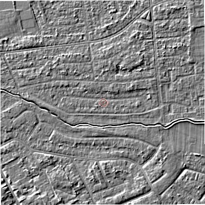 Shaded relief map of the ground around M333LE, computed from Environment Agency LiDAR. The ground here sits at about 27 m above sea level and falls 3 m across the surrounding 800 m. Surface water reaching this point runs off ground lying to the north-east, 1.6 m higher.