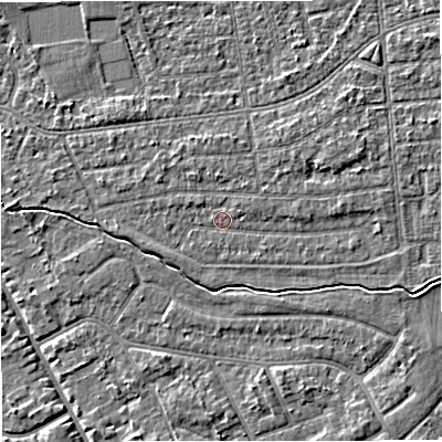 Shaded relief map of the ground around M333LF, computed from Environment Agency LiDAR. The ground here sits at about 27 m above sea level and falls 4 m across the surrounding 800 m. Surface water reaching this point runs off ground lying to the east-north-east, 1.6 m higher.