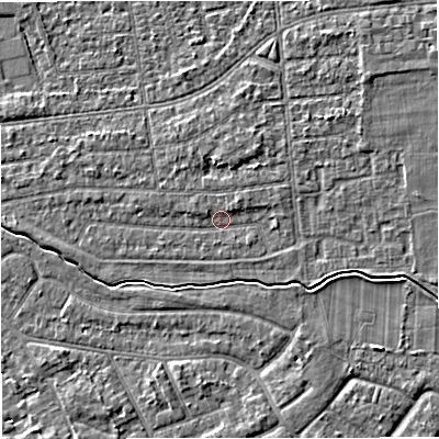 Shaded relief map of the ground around M333LH, computed from Environment Agency LiDAR. The ground here sits at about 27 m above sea level and falls 3 m across the surrounding 800 m. Surface water reaching this point runs off ground lying to the north-east, 1.8 m higher.