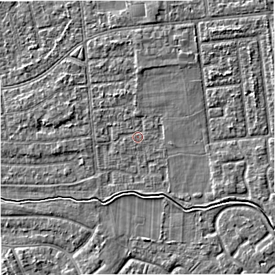 Shaded relief map of the ground around M333LQ, computed from Environment Agency LiDAR. The ground here sits at about 28 m above sea level and falls 4 m across the surrounding 800 m. Surface water reaching this point runs off ground lying to the north, 1.3 m higher.