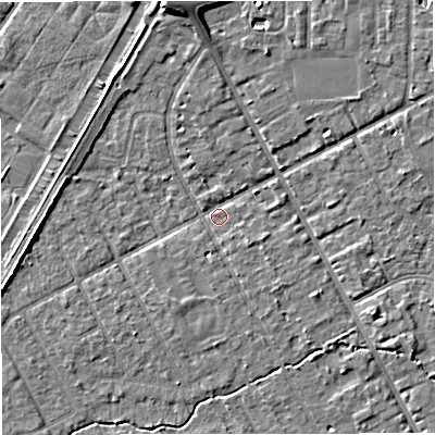 Shaded relief map of the ground around M333LZ, computed from Environment Agency LiDAR. The ground here sits at about 25 m above sea level and falls 8 m across the surrounding 800 m. Surface water reaching this point runs off ground lying to the east-south-east, 3.4 m higher.