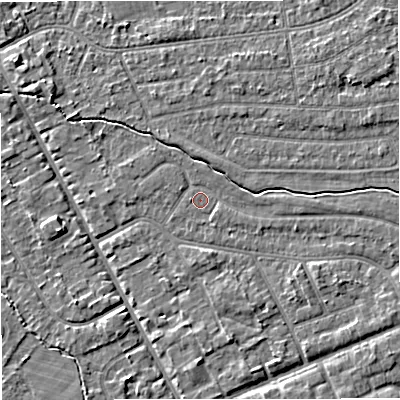 Shaded relief map of the ground around M333NY, computed from Environment Agency LiDAR. The ground here sits at about 26 m above sea level and falls 4 m across the surrounding 800 m. Surface water reaching this point runs off ground lying to the east, 1.4 m higher.