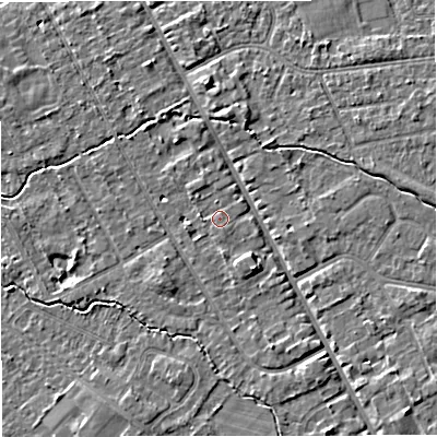 Shaded relief map of the ground around M333PA, computed from Environment Agency LiDAR. The ground here sits at about 26 m above sea level and falls 4 m across the surrounding 800 m. Surface water reaching this point runs off ground lying to the west, 0.9 m higher.