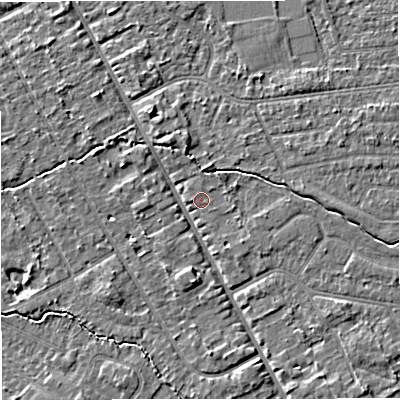 Shaded relief map of the ground around M333PD, computed from Environment Agency LiDAR. The ground here sits at about 26 m above sea level and falls 4 m across the surrounding 800 m. Surface water reaching this point runs off ground lying to the south-east, 1.3 m higher.