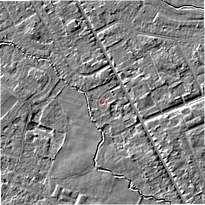 Shaded relief map of the ground around M333PE, computed from Environment Agency LiDAR. The ground here sits at about 27 m above sea level and falls 4 m across the surrounding 800 m. Surface water reaching this point runs off ground lying to the east-south-east, 1.2 m higher.