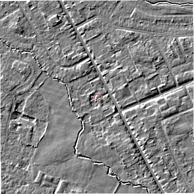 Shaded relief map of the ground around M333PF, computed from Environment Agency LiDAR. The ground here sits at about 27 m above sea level and falls 4 m across the surrounding 800 m. Surface water reaching this point runs off ground lying to the west-north-west, 1.8 m higher.