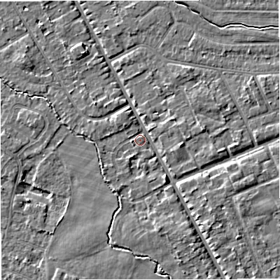 Shaded relief map of the ground around M333PH, computed from Environment Agency LiDAR. The ground here sits at about 27 m above sea level and falls 5 m across the surrounding 800 m. Surface water reaching this point runs off ground lying to the south-east, 3.4 m higher.