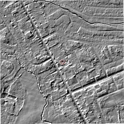 Shaded relief map of the ground around M333PJ, computed from Environment Agency LiDAR. The ground here sits at about 27 m above sea level and falls 5 m across the surrounding 800 m. Surface water reaching this point runs off ground lying to the east-south-east, 2.3 m higher.