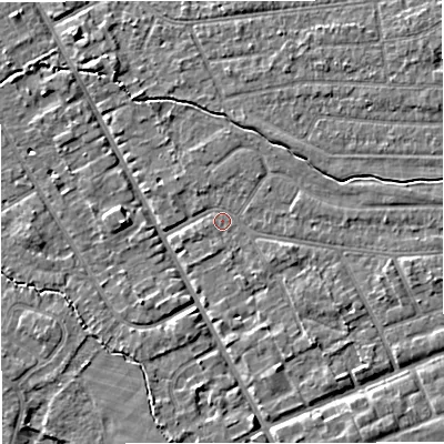 Shaded relief map of the ground around M333PL, computed from Environment Agency LiDAR. The ground here sits at about 27 m above sea level and falls 5 m across the surrounding 800 m. Surface water reaching this point runs off ground lying to the east-south-east, 2.2 m higher.
