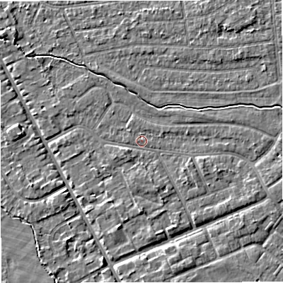 Shaded relief map of the ground around M333PN, computed from Environment Agency LiDAR. The ground here sits at about 27 m above sea level and falls 4 m across the surrounding 800 m. Surface water reaching this point runs off ground lying to the east-south-east, 2.2 m higher.