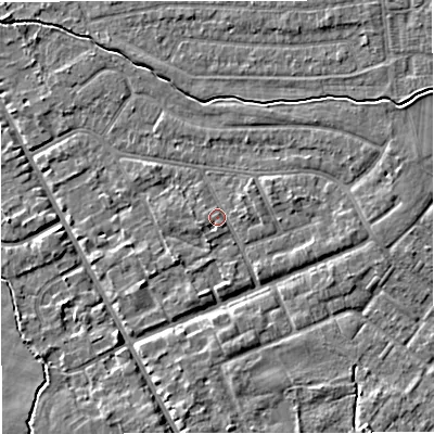 Shaded relief map of the ground around M333PQ, computed from Environment Agency LiDAR. The ground here sits at about 27 m above sea level and falls 5 m across the surrounding 800 m. Surface water reaching this point runs off ground lying to the east-north-east, 1.6 m higher.