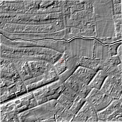 Shaded relief map of the ground around M333PU, computed from Environment Agency LiDAR. The ground here sits at about 27 m above sea level and falls 4 m across the surrounding 800 m. Surface water reaching this point runs off ground lying to the south, 1.4 m higher.
