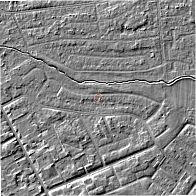 Shaded relief map of the ground around M333PX, computed from Environment Agency LiDAR. The ground here sits at about 27 m above sea level and falls 4 m across the surrounding 800 m. Surface water reaching this point runs off ground lying to the south-east, 1.9 m higher.