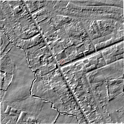 Shaded relief map of the ground around M333PY, computed from Environment Agency LiDAR. The ground here sits at about 27 m above sea level and falls 4 m across the surrounding 800 m. Surface water reaching this point runs off ground lying to the north, 1.7 m higher.