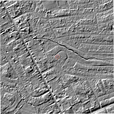 Shaded relief map of the ground around M333QA, computed from Environment Agency LiDAR. The ground here sits at about 27 m above sea level and falls 4 m across the surrounding 800 m. The ground contributing surface water to this point lies to the west.