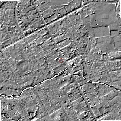 Shaded relief map of the ground around M333QF, computed from Environment Agency LiDAR. The ground here sits at about 26 m above sea level and falls 4 m across the surrounding 800 m. Surface water reaching this point runs off ground lying to the east-south-east, 3.0 m higher.