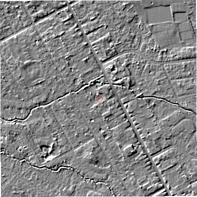 Shaded relief map of the ground around M333QL, computed from Environment Agency LiDAR. The ground here sits at about 26 m above sea level and falls 4 m across the surrounding 800 m. Surface water reaching this point runs off ground lying to the north-north-west, 1.6 m higher.