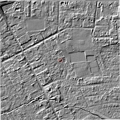 Shaded relief map of the ground around M333QP, computed from Environment Agency LiDAR. The ground here sits at about 26 m above sea level and falls 5 m across the surrounding 800 m. Surface water reaching this point runs off ground lying to the north-east, 2.1 m higher.