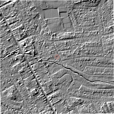 Shaded relief map of the ground around M333QQ, computed from Environment Agency LiDAR. The ground here sits at about 26 m above sea level and falls 4 m across the surrounding 800 m. Surface water reaching this point runs off ground lying to the east, 1.6 m higher.