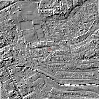 Shaded relief map of the ground around M333QR, computed from Environment Agency LiDAR. The ground here sits at about 27 m above sea level and falls 4 m across the surrounding 800 m. Surface water reaching this point runs off ground lying to the east, 1.9 m higher.