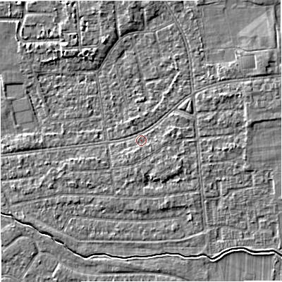 Shaded relief map of the ground around M333QS, computed from Environment Agency LiDAR. The ground here sits at about 27 m above sea level and falls 4 m across the surrounding 800 m. Surface water reaching this point runs off ground lying to the east, 1.8 m higher.