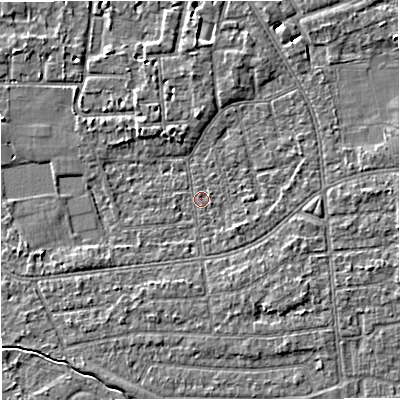 Shaded relief map of the ground around M333QT, computed from Environment Agency LiDAR. The ground here sits at about 27 m above sea level and falls 4 m across the surrounding 800 m. Surface water reaching this point runs off ground lying to the north-east, 4.0 m higher.