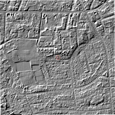 Shaded relief map of the ground around M333QU, computed from Environment Agency LiDAR. The ground here sits at about 27 m above sea level and falls 4 m across the surrounding 800 m. Surface water reaching this point runs off ground lying to the north, 1.8 m higher.