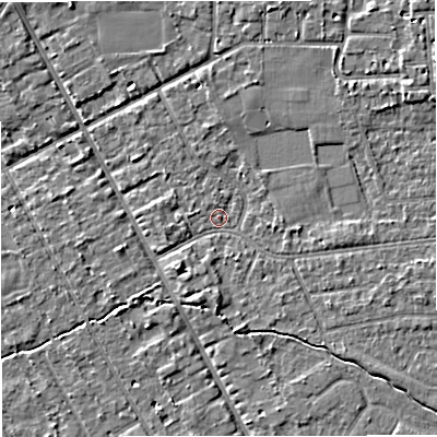 Shaded relief map of the ground around M333QW, computed from Environment Agency LiDAR. The ground here sits at about 26 m above sea level and falls 4 m across the surrounding 800 m. Surface water reaching this point runs off ground lying to the east-north-east, 3.5 m higher.