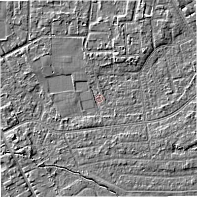 Shaded relief map of the ground around M333QX, computed from Environment Agency LiDAR. The ground here sits at about 26 m above sea level and falls 4 m across the surrounding 800 m. Surface water reaching this point runs off ground lying to the north-north-east, 2.9 m higher.