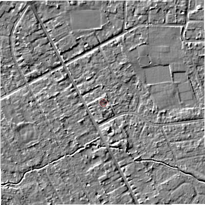 Shaded relief map of the ground around M333QZ, computed from Environment Agency LiDAR. The ground here sits at about 26 m above sea level and falls 4 m across the surrounding 800 m. Surface water reaching this point runs off ground lying to the south, 1.3 m higher.