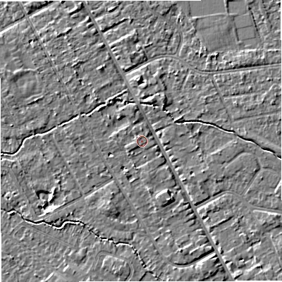 Shaded relief map of the ground around M333RA, computed from Environment Agency LiDAR. The ground here sits at about 26 m above sea level and falls 4 m across the surrounding 800 m. Surface water reaching this point runs off ground lying to the south-south-east, 3.3 m higher.
