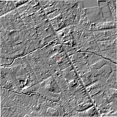 Shaded relief map of the ground around M333RB, computed from Environment Agency LiDAR. The ground here sits at about 26 m above sea level and falls 4 m across the surrounding 800 m. Surface water reaching this point runs off ground lying to the south-south-east, 0.6 m higher.