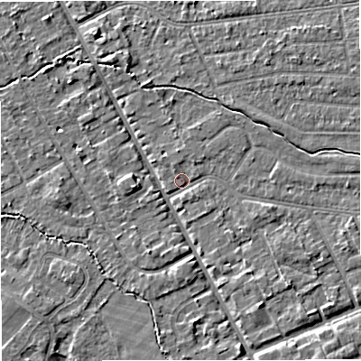 Shaded relief map of the ground around M333RD, computed from Environment Agency LiDAR. The ground here sits at about 26 m above sea level and falls 5 m across the surrounding 800 m. Surface water reaching this point runs off ground lying to the south-south-east, 3.2 m higher.