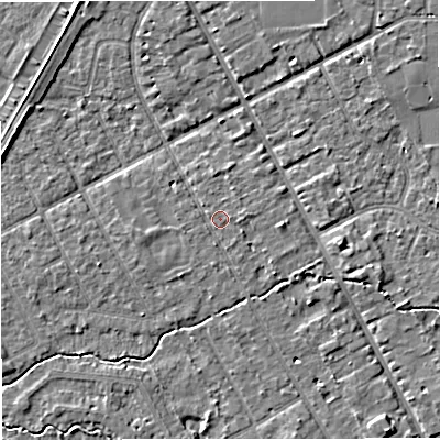 Shaded relief map of the ground around M333RH, computed from Environment Agency LiDAR. The ground here sits at about 26 m above sea level and falls 4 m across the surrounding 800 m. Surface water reaching this point runs off ground lying to the south-east, 2.0 m higher.