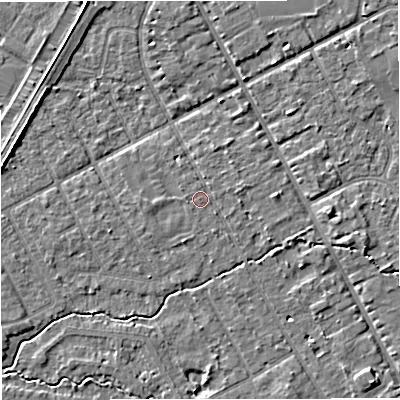 Shaded relief map of the ground around M333RJ, computed from Environment Agency LiDAR. The ground here sits at about 26 m above sea level and falls 5 m across the surrounding 800 m. Surface water reaching this point runs off ground lying to the south-east, 2.0 m higher.