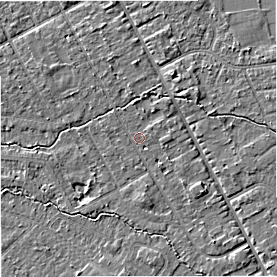 Shaded relief map of the ground around M333RL, computed from Environment Agency LiDAR. The ground here sits at about 26 m above sea level and falls 4 m across the surrounding 800 m. Surface water reaching this point runs off ground lying to the south-east, 3.3 m higher.