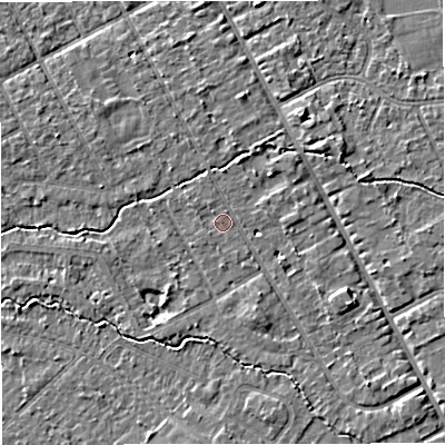 Shaded relief map of the ground around M333RN, computed from Environment Agency LiDAR. The ground here sits at about 26 m above sea level and falls 4 m across the surrounding 800 m. Surface water reaching this point runs off ground lying to the south-south-east, 0.5 m higher.