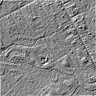Shaded relief map of the ground around M333RP, computed from Environment Agency LiDAR. The ground here sits at about 26 m above sea level and falls 5 m across the surrounding 800 m. Surface water reaching this point runs off ground lying to the south-east, 3.1 m higher.