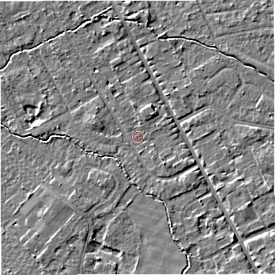 Shaded relief map of the ground around M333RQ, computed from Environment Agency LiDAR. The ground here sits at about 26 m above sea level and falls 4 m across the surrounding 800 m. Surface water reaching this point runs off ground lying to the south-east, 2.2 m higher.
